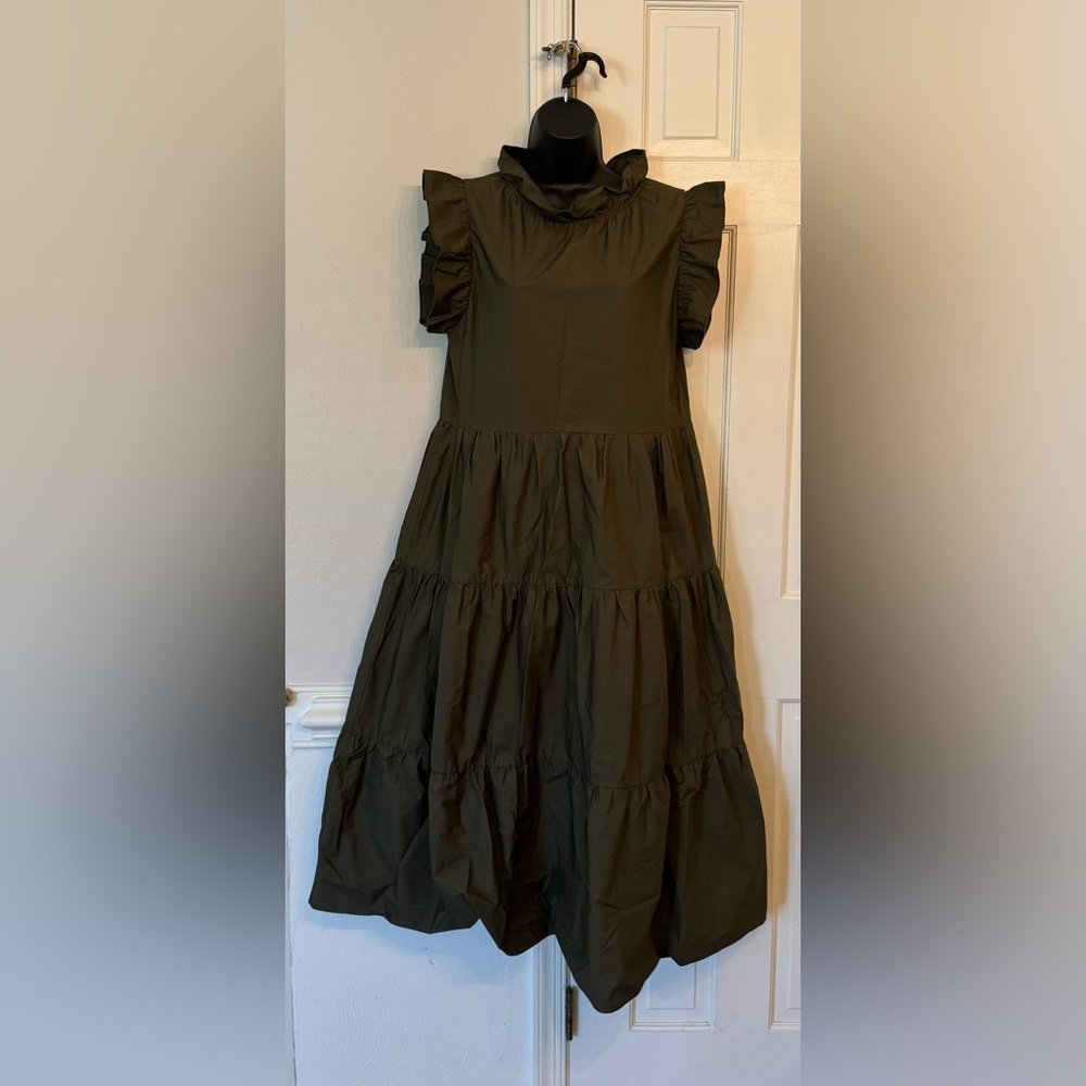 CHEPE Army GreenMade In Italy Ruffle Neck Cotton Poplin Midi Dress